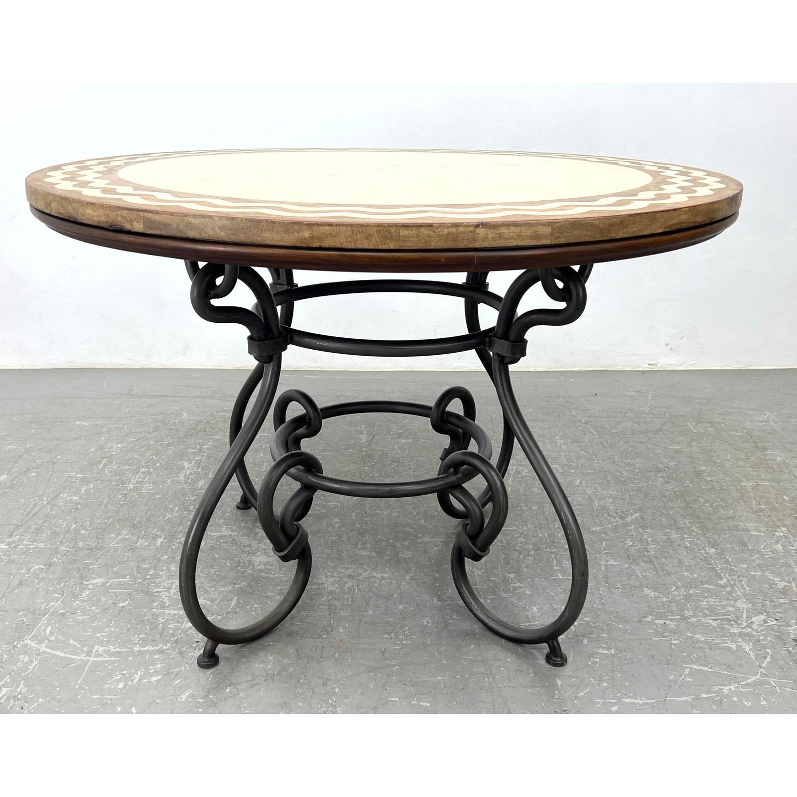 Maitland Smith Stone Veneer Top Wrought Iron Dining or center Table. Labeled Underside of Top (1 of 8)