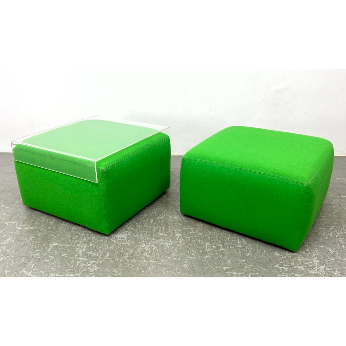 70s Italian Upholstered Ottomans on Wheels with 1 Lucite Tray Work Surface Top. Contract Wool fabric (1 of 13)