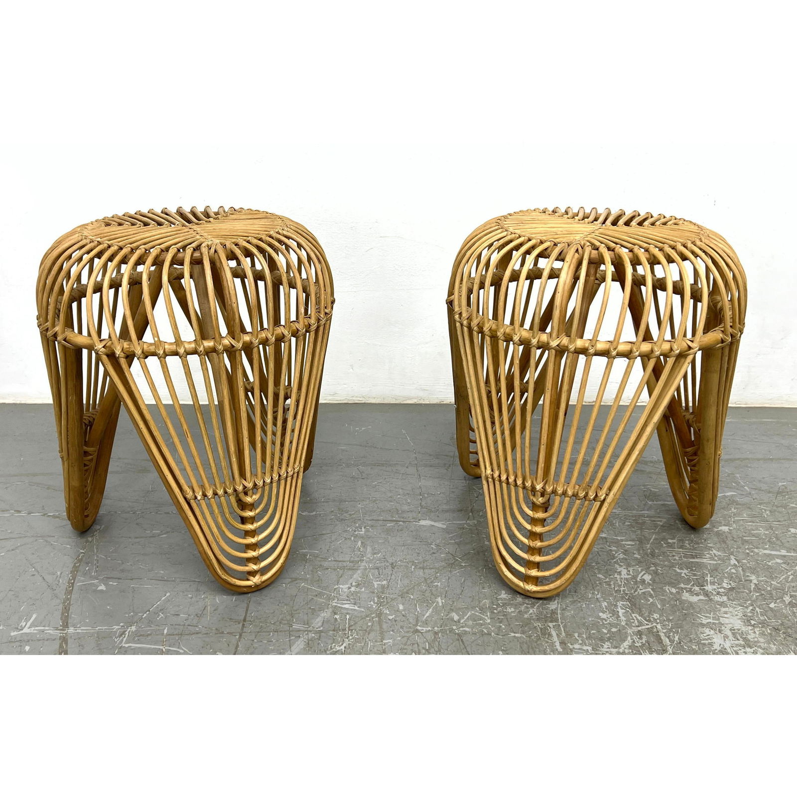 Pair House of Sakk (Netherlands) Round Wicker Stools with triangular legs (1 of 7)