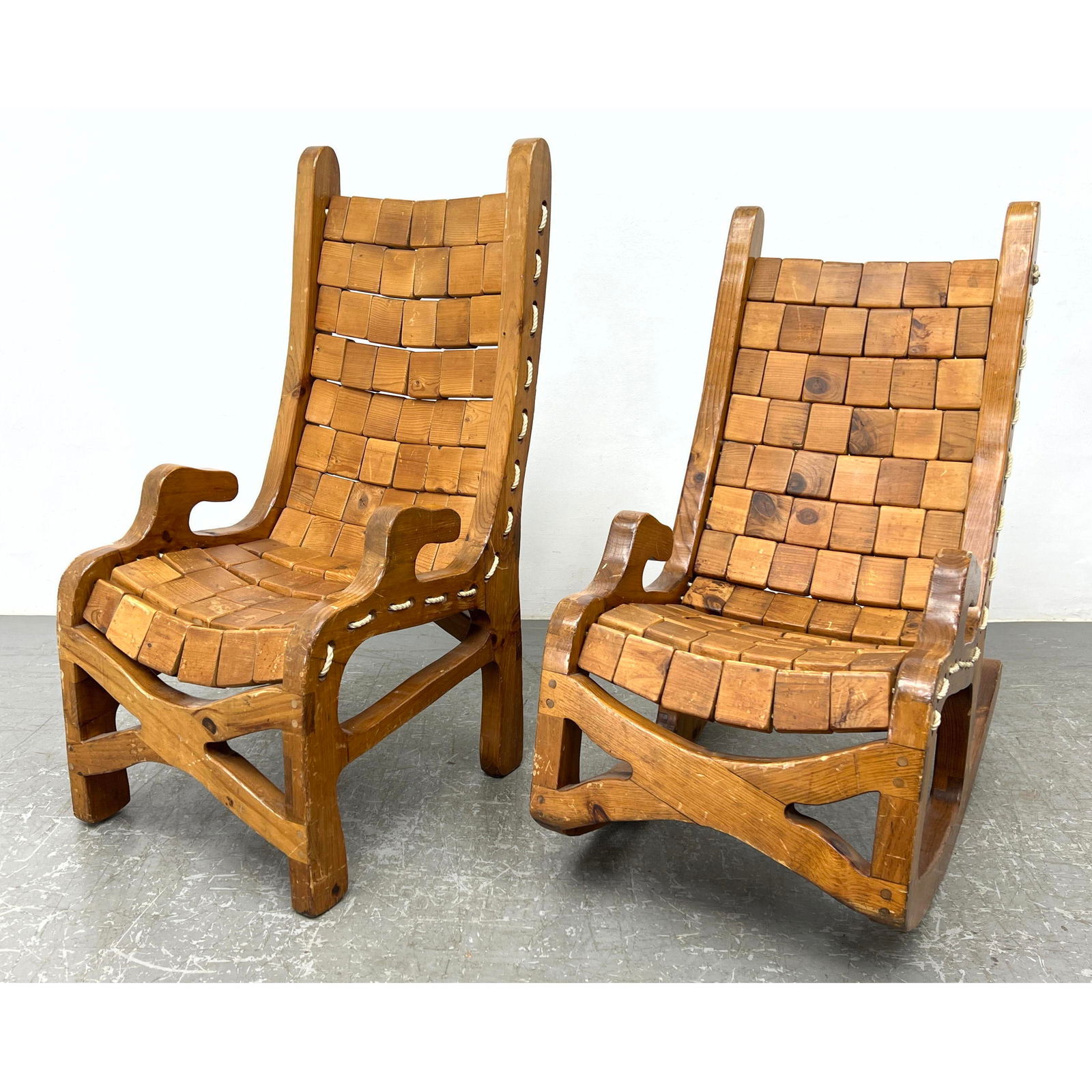 2pc Artisan Woodworker Wood Block Chairs. One Tall Lounge Chair. Shorter is a Rocker / Rocking Chair (1 of 16)