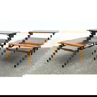 Pr Acclaim LANE American Modern Walnut Step Tables. Banded Dovetailed Trim. Metal foot Caps. Marked.: Pr Acclaim LANE American Modern Walnut Step Tables. Banded Dovetailed Trim. Metal foot Caps. Marked. Style 900. Andre Bus. Dimensions: Height: 20.5 inches, Width: 21 inches, Depth: 28 inches. --- - -