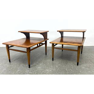 Pr Acclaim LANE American Modern Walnut Step Tables. Banded Dovetailed Trim. Metal foot Caps. Marked.: Pr Acclaim LANE American Modern Walnut Step Tables. Banded Dovetailed Trim. Metal foot Caps. Marked. Style 900. Andre Bus. Dimensions: Height: 20.5 inches, Width: 21 inches, Depth: 28 inches. --- - -