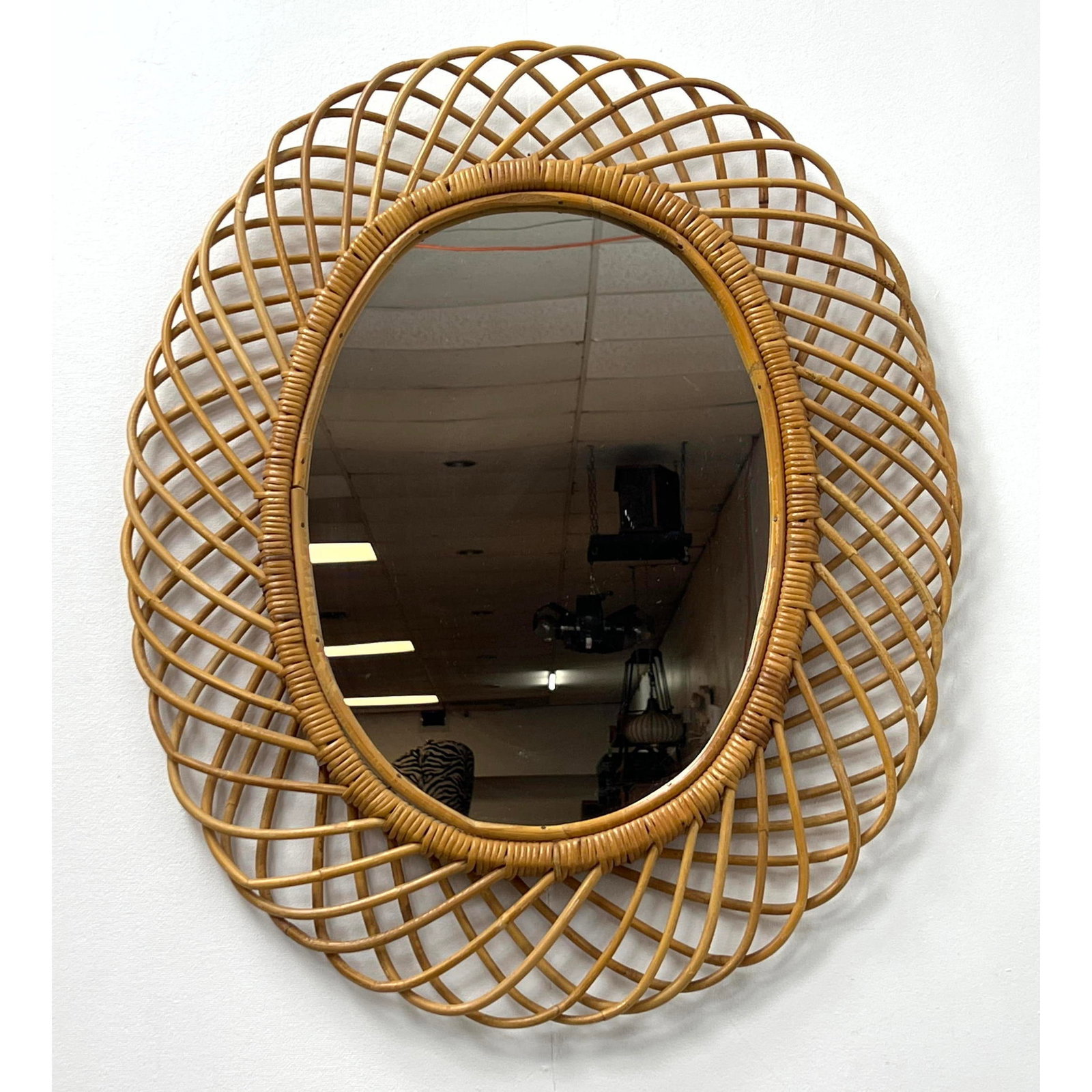 Oval wicker rattan mirror with Albini style outer frame. (1 of 5)