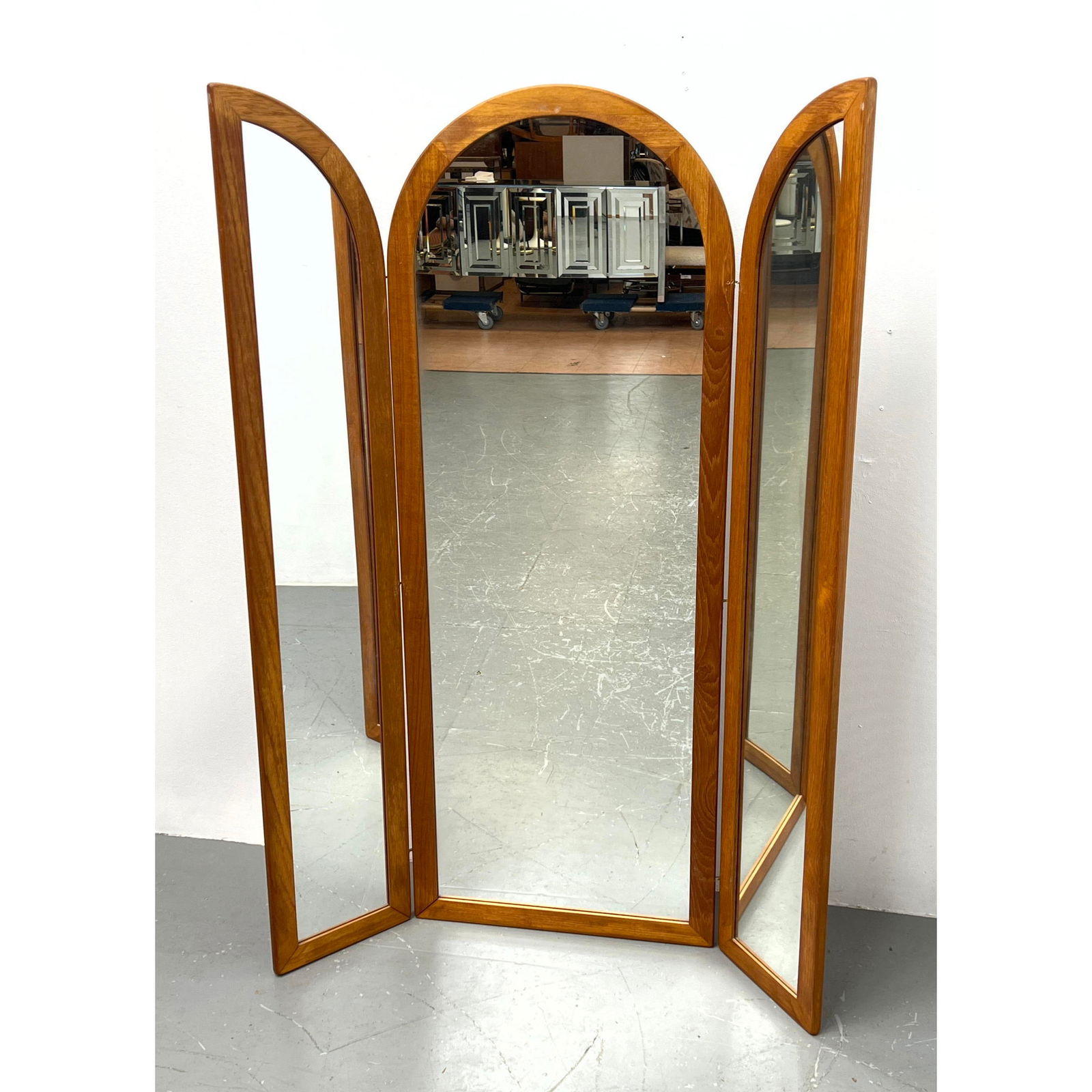 Arched Three Part Danish Modern Folding Dresser Mirror. EILSTRUP Danish Modern Teak. Label. (1 of 11)