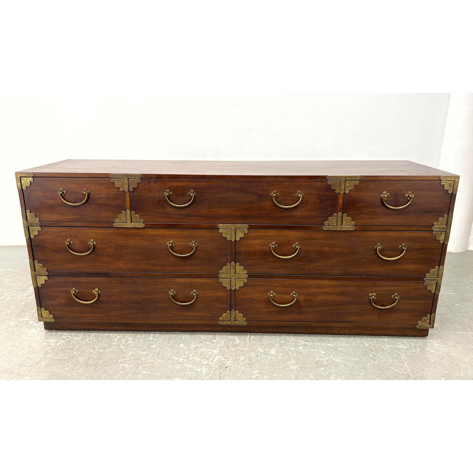 Huntley Walnut Campaign Style Dresser. Brass accents.: Huntley Walnut Campaign Style Dresser. Brass accents. Dimensions: Height: 31 inches, Width: 72 inches, Depth: 19 inches. --- - - We offer curbside delivery to NYC, Manhattan, Close Brooklyn, Hoboken a