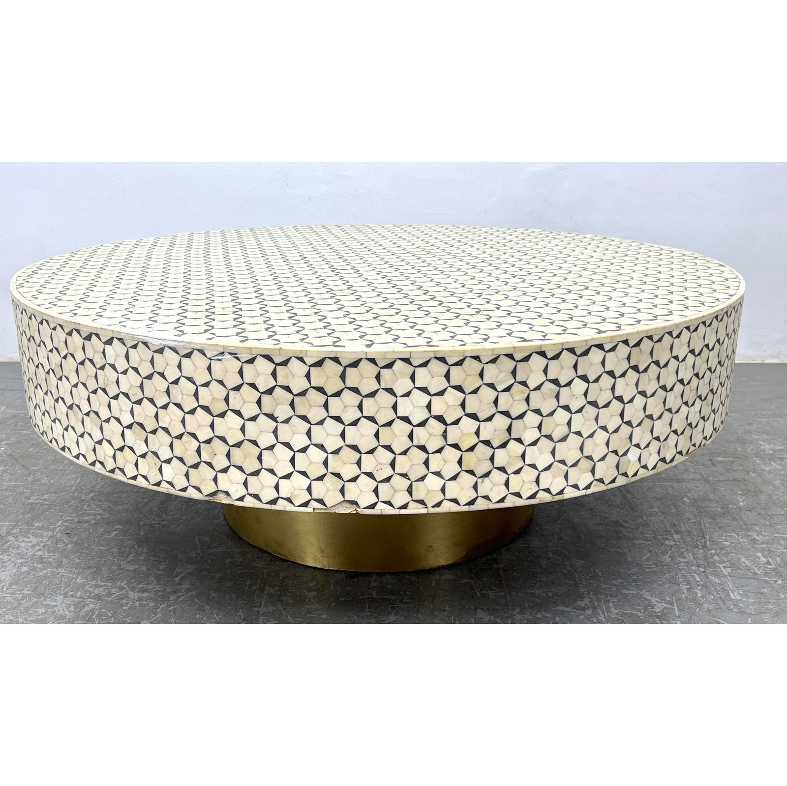 Large Decorator Marquetry Inlaid Coffee Drum Table. Metal bound pedestal base. (1 of 11)