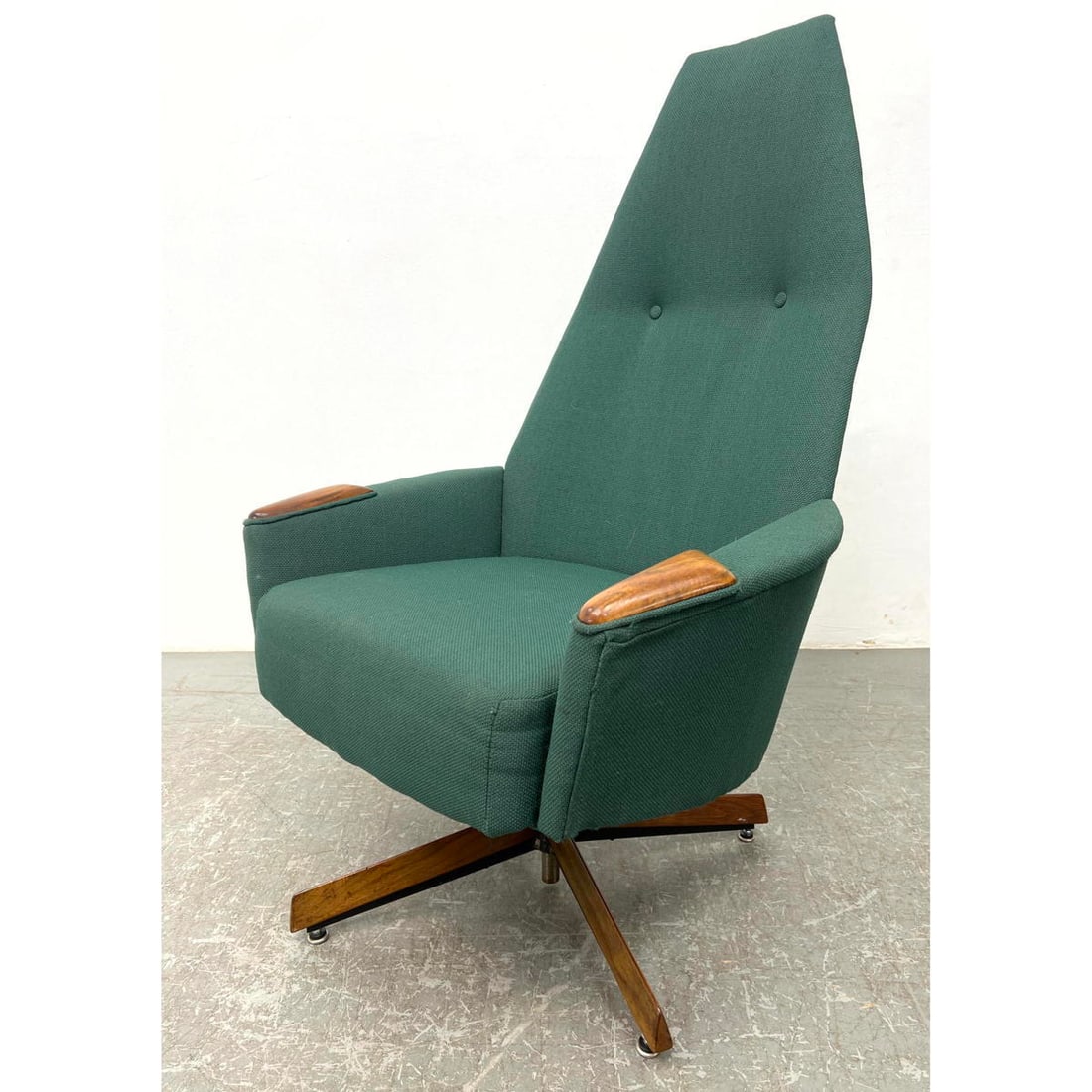 ADRIAN PEARSALL High Back Lounge Chair. Green Teal Fabric upholstery. Swivel Base. Wood Hand Rests. (1 of 8)