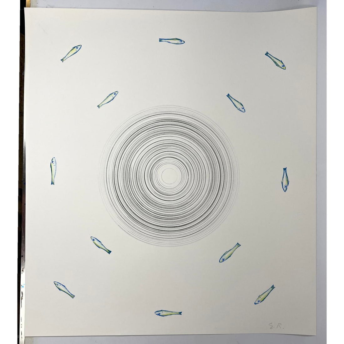 Ed Ruscha offset lithograph. Fish around whirlpool. Signed in the stone (1 of 9)