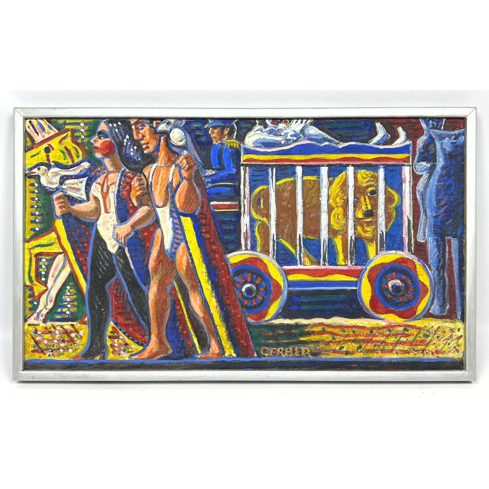 JACK GERBER modernist CIRCUS PARADE painting, signed and titled. (1 of 9)