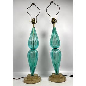 Pr Barovier and Toso Murano Art Glass Table Lamps. Teal trapped air form glass Venetian Lamps. Stepp (1 of 16)