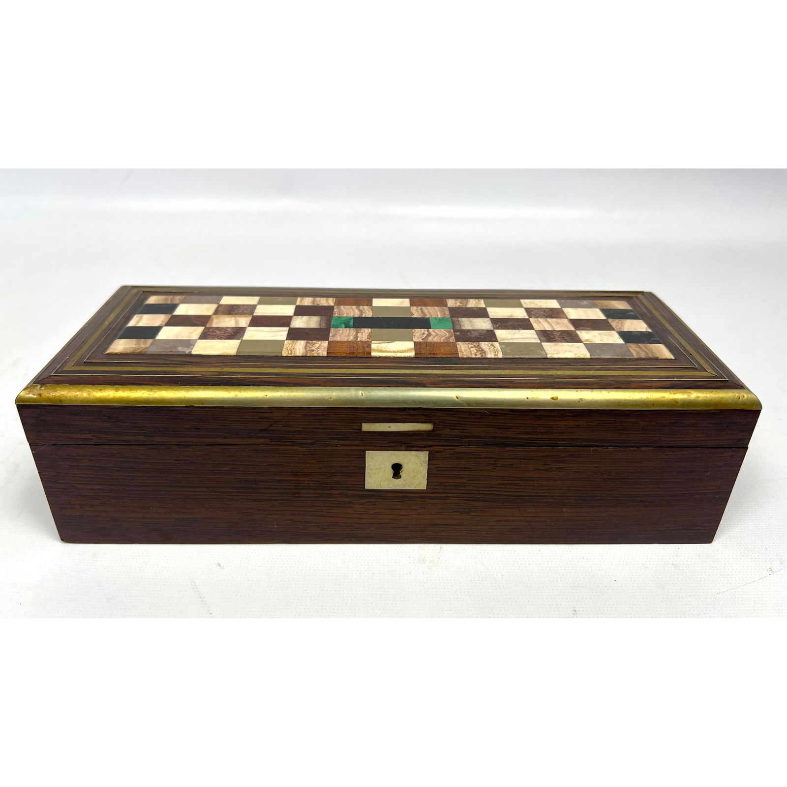 Pietra Dura Real stone Marble Parquetry Box. Wood Hinged Lid Box with Bronze Trim. Top inlaid with c (1 of 10)