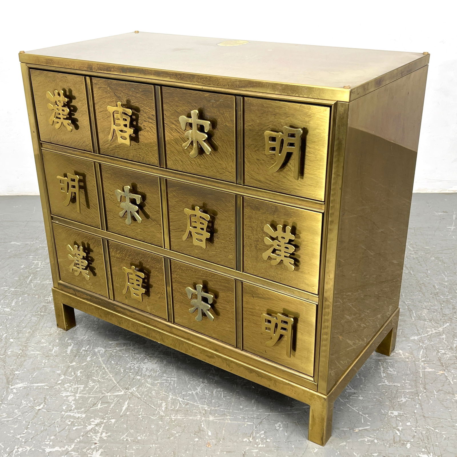 MASTERCRAFT 3 Drawer Brass Bachelors Chest. Brass cabinet with squared legs. Each drawer with 4 Asia (1 of 11)