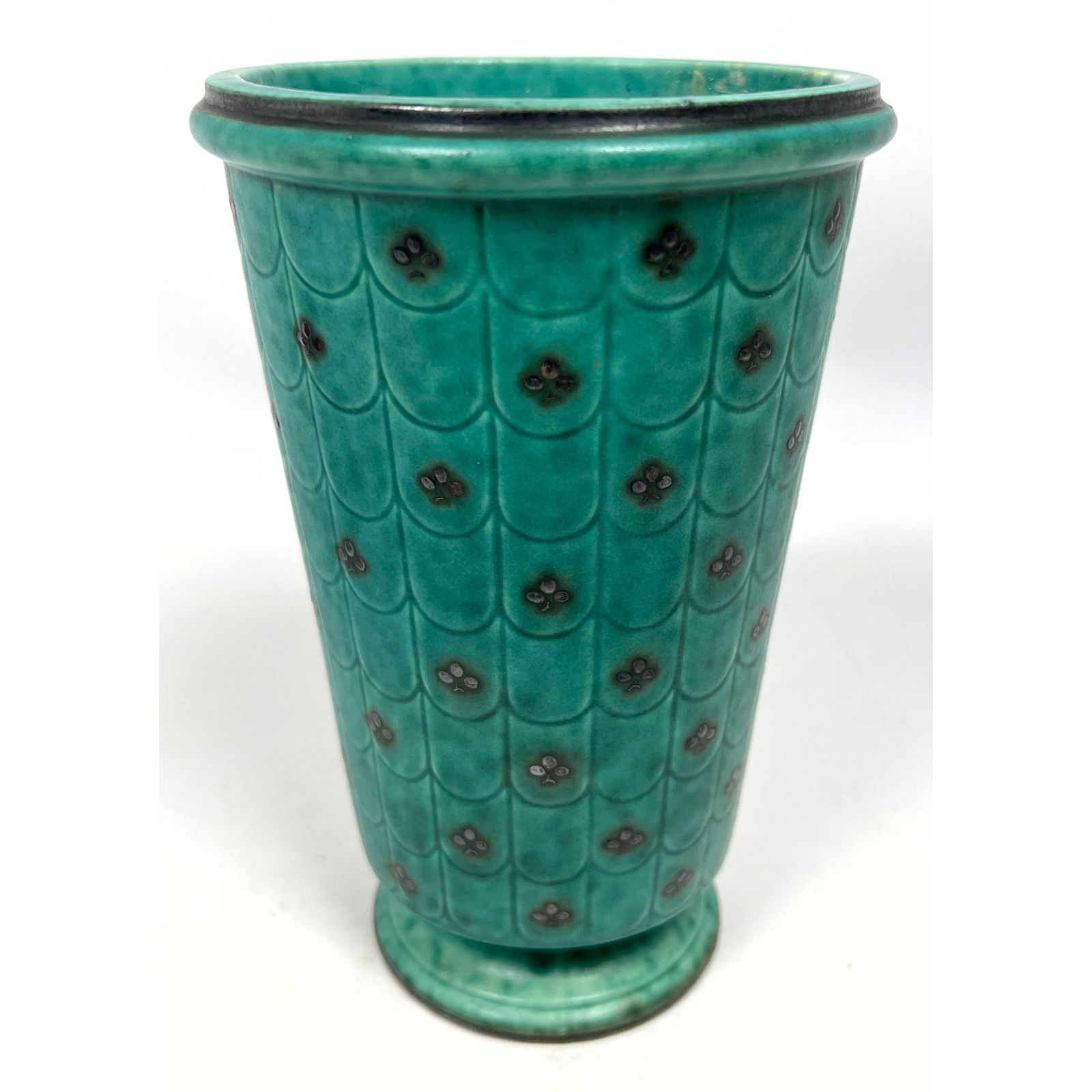 GUSTAVSBERG Green Glazed Argenta Vase.  Silver Overlay. Swedish Modernist Pottery. Fish Scale design (1 of 9)