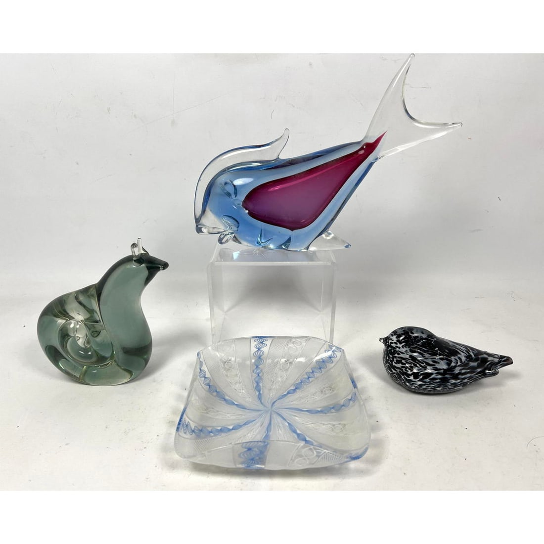 4pc Murano Glass. Cased glass fish, Snail, Latticino bowl, Small bird. (1 of 17)