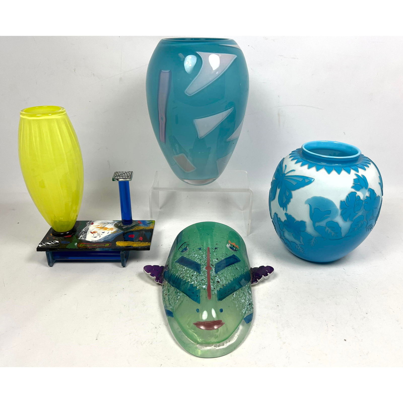 4pc Art Glass Lot. Signed carved glass, Pizzichillo vase, Bruce Pizzichillo glass sculpture, Glass w (1 of 18)