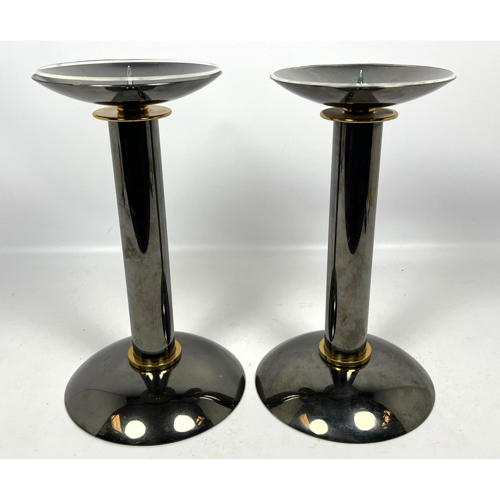 Pair Karl Springer Attributed Gunmetal and Brass Candle Holder. Unsigned. (1 of 12)