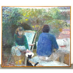 Large DAVID FERTIG Signed Oil Painting. "Two People" Seated Outdoors in Garden. 1987. MARIAN LOCKS G: Large DAVID FERTIG Signed Oil Painting. "Two People" Seated Outdoors in Garden. 1987. MARIAN LOCKS GALLERY Label. Signed. Dimensions: Height: 53 inches, Width: 63.25 inches. --- - - We offer curbside