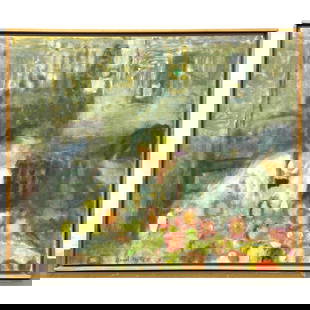 DAVID FERTIG Oil on Linen Painting. 1989. Girl at Table with Tulips.: DAVID FERTIG Oil on Linen Painting. 1989. Girl at Table with Tulips. Dimensions: Height: 19 inches, Width: 23 inches. --- US Packing and Shipping charge: In house shipping available. Will be calculate
