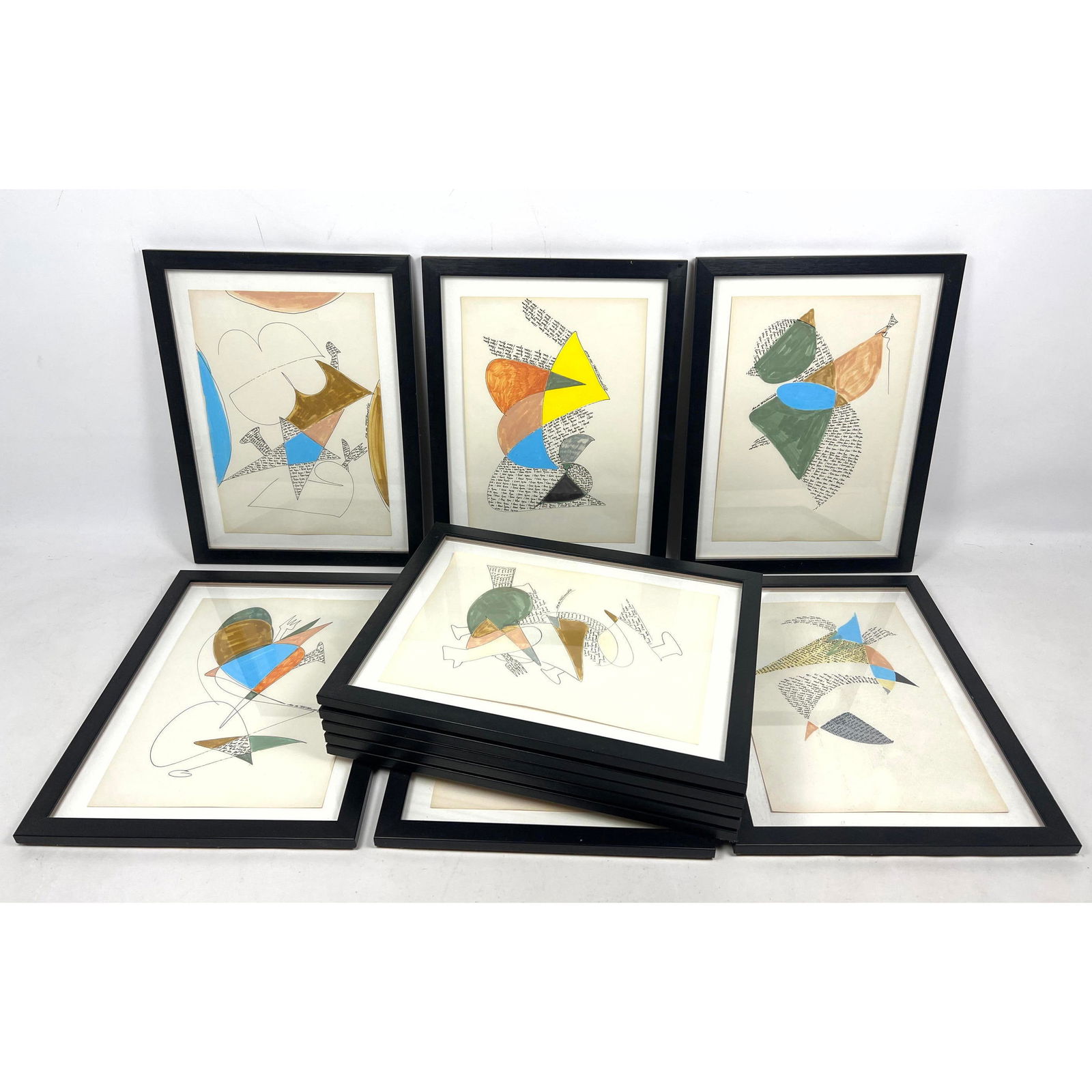 11pc Artist Signed Modernist Abstract Drawings. Linear drawings with colored highlights. Some figura (1 of 12)