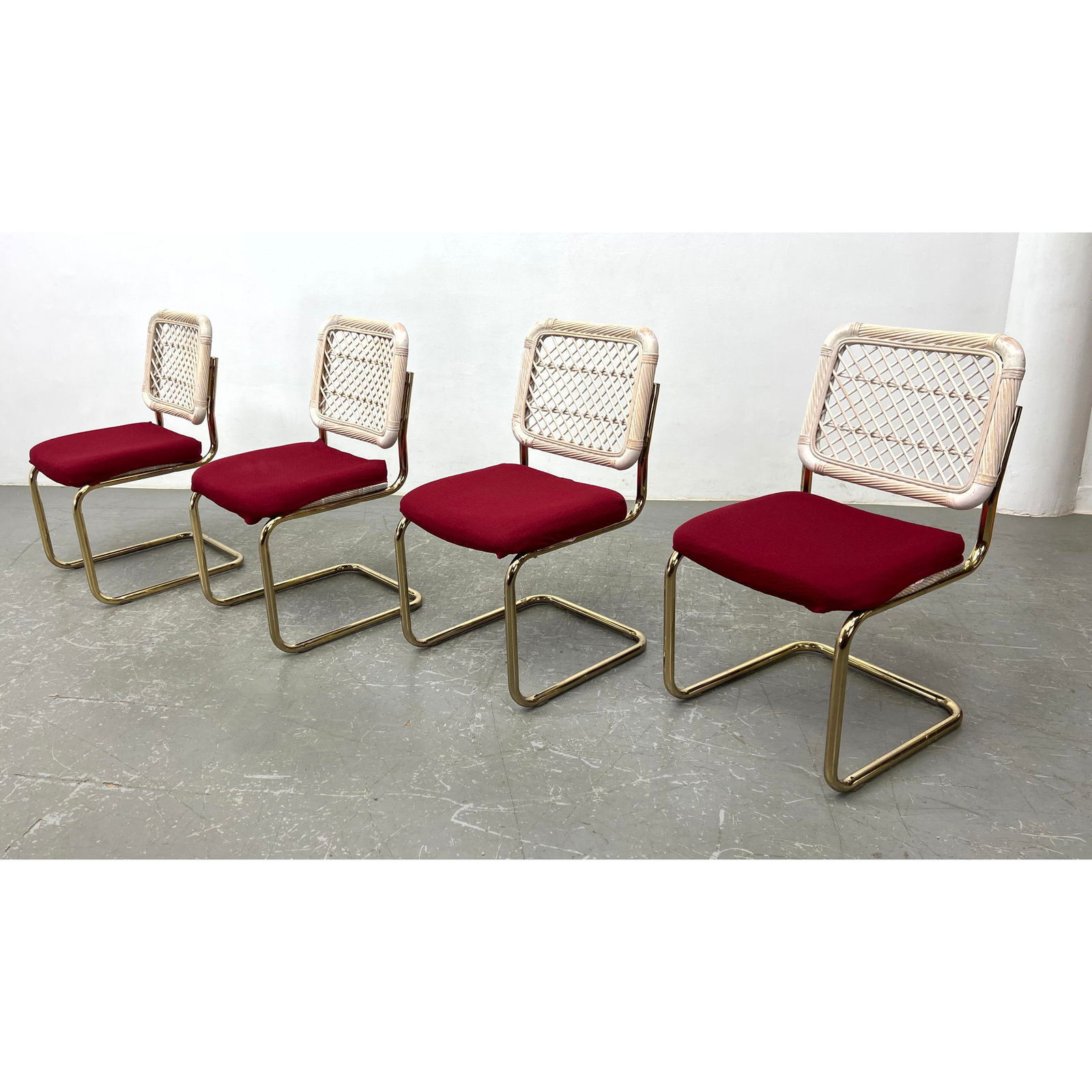 Set 4 CHROMCRAFT CORP Dining Chairs. Gold Tube Frames. Limed wicker backrests. Label. Cesca style.: Set 4 CHROMCRAFT CORP Dining Chairs. Gold Tube Frames. Limed wicker backrests. Label. Cesca style. Dimensions: Height: 33.5 inches, Width: 19 inches, Depth: 20 inches. - Seat Height: 17.5 inches --- -