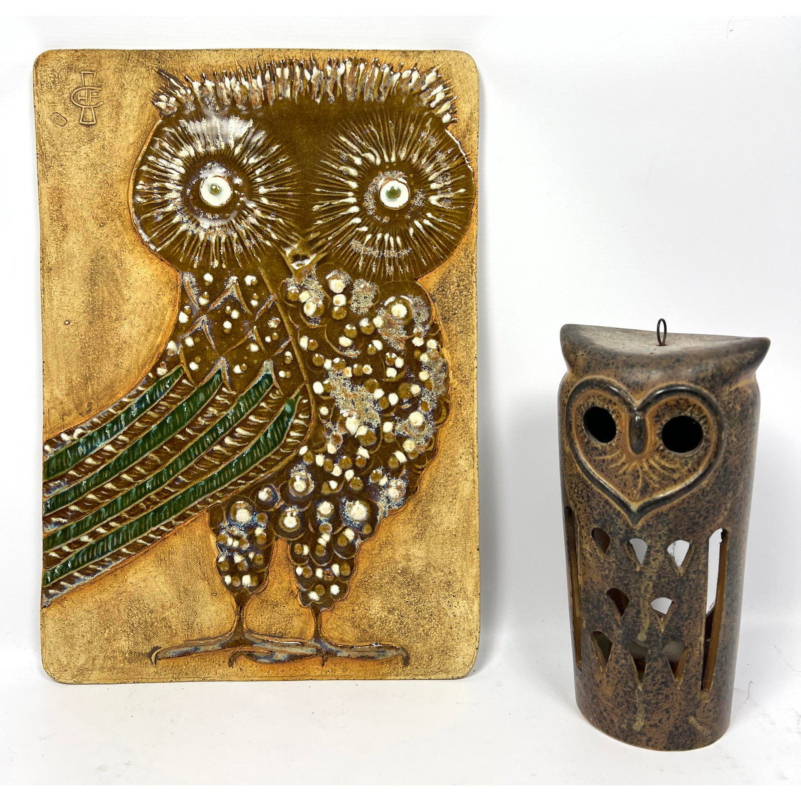 2pc Mid Century Modern Owls. Glazed Ceramic Wall Plaque and Candle Votive (1 of 12)