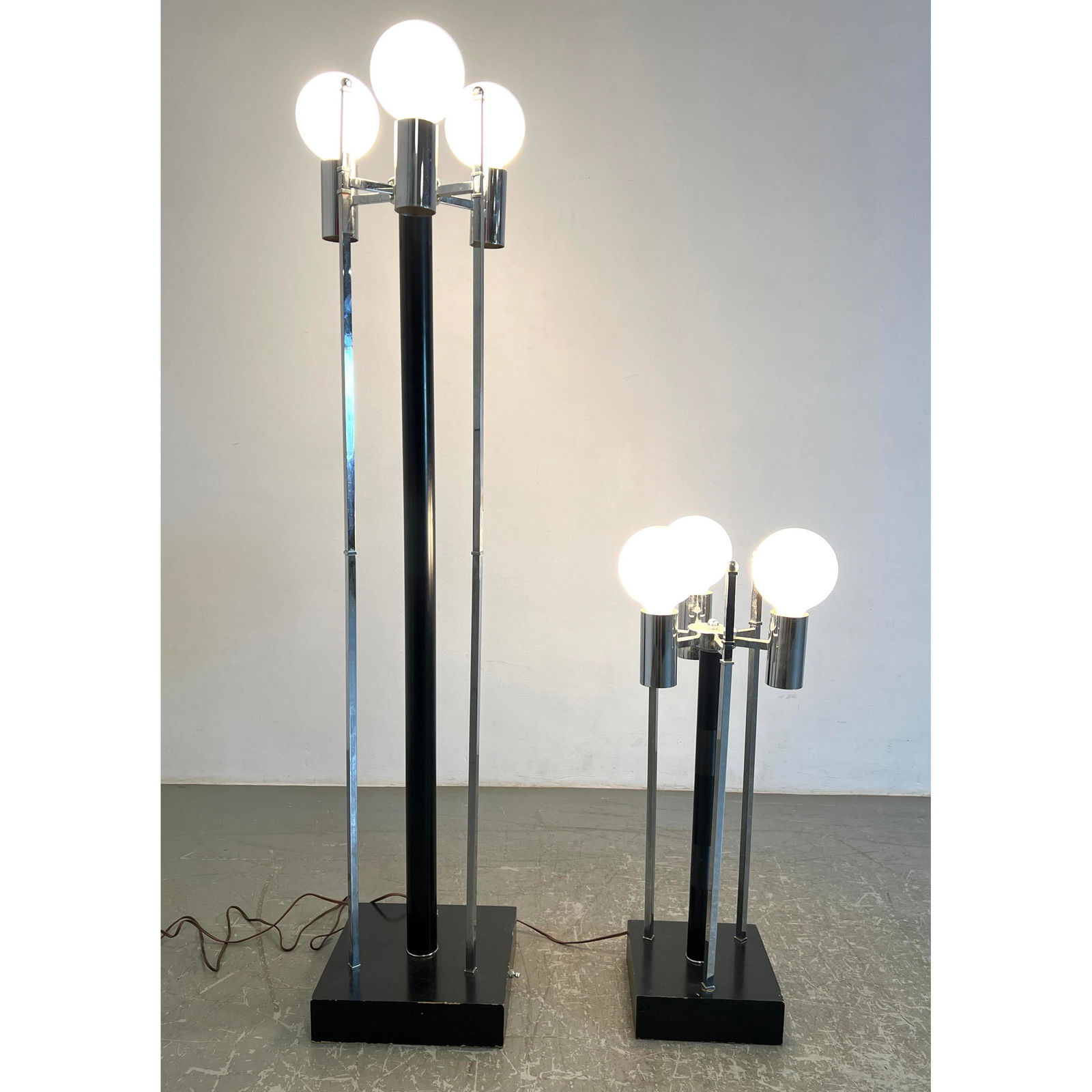 2pc Mid Century Modern Chrome and Wood Lamps.  Floor and Table Lamp Ball Bulbs. Bulbs can also be pu (1 of 16)