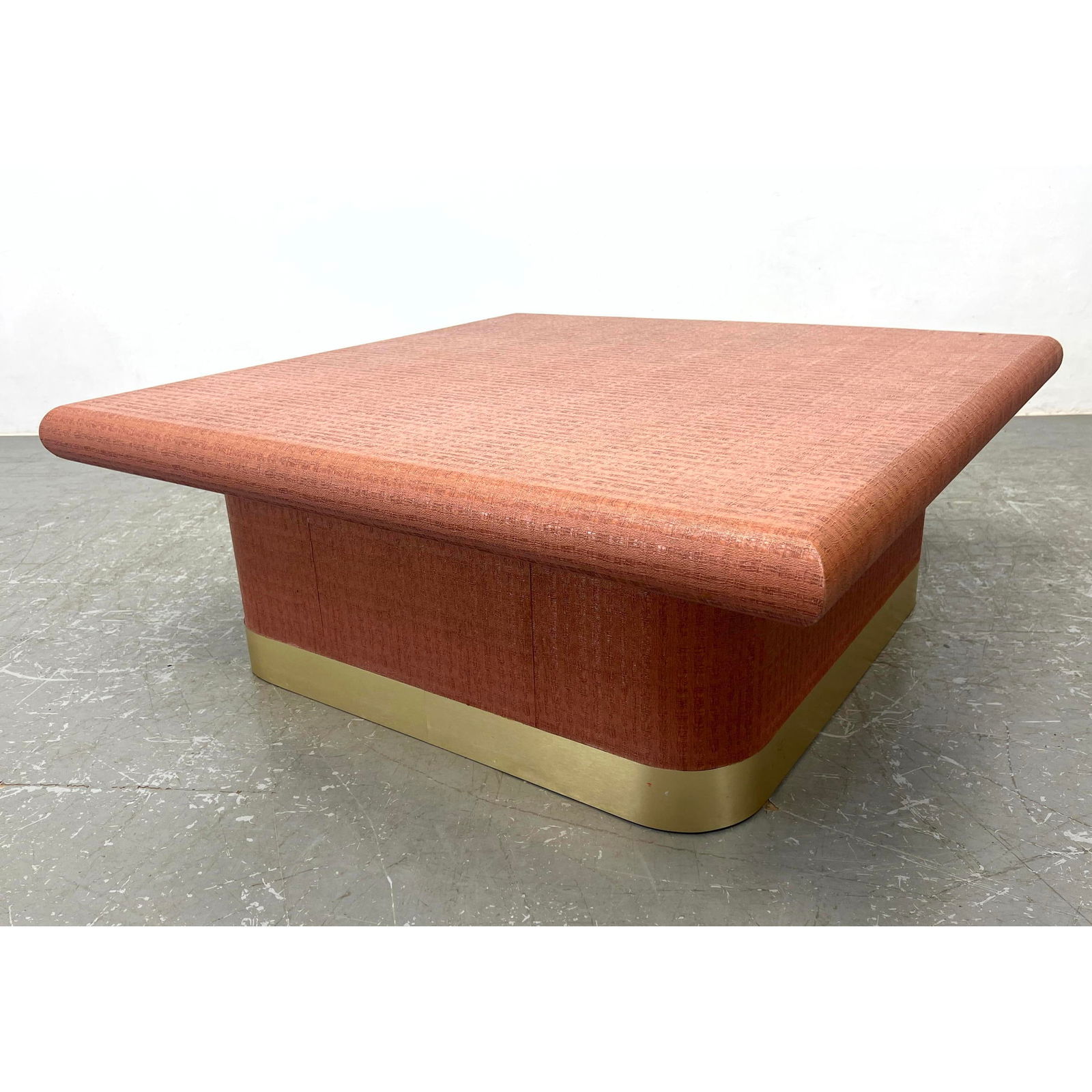 KARL SPRINGER Attributed Lacquered Canvas Cocktail Table. Square Top above Square pedestal Base. Gol (1 of 9)