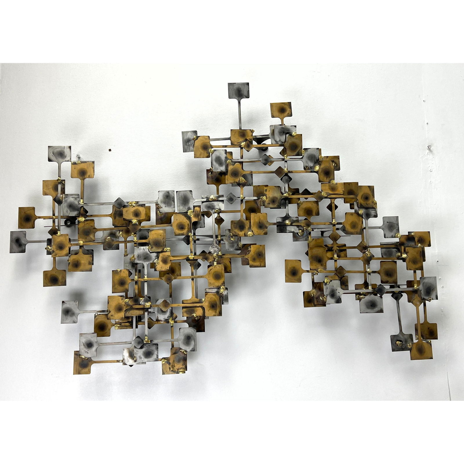 MARC CREATES Brutalist long for 3D wall sculpture. Signed with label on back.: MARC CREATES Brutalist long for 3D wall sculpture. Signed with label on back. Dimensions: Height: 30 inches, Width: 44 inches, Depth: 4.5 inches. --- - - We offer curbside delivery to NYC, Manhattan,