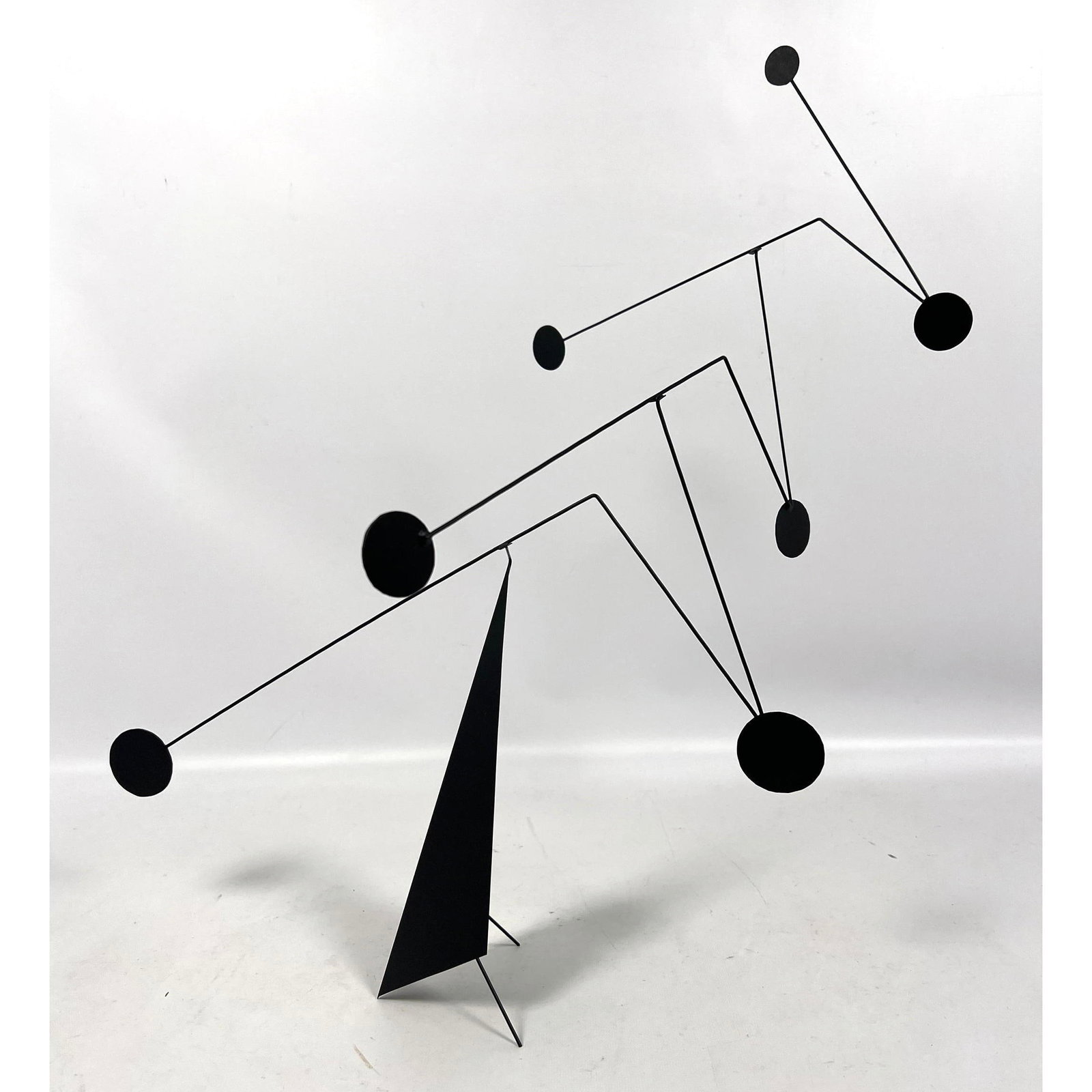 SCOTT CUPP Modernist Kinetic Mobile Sculpture. Triangular base with suspended black discs. Signed. (1 of 9)