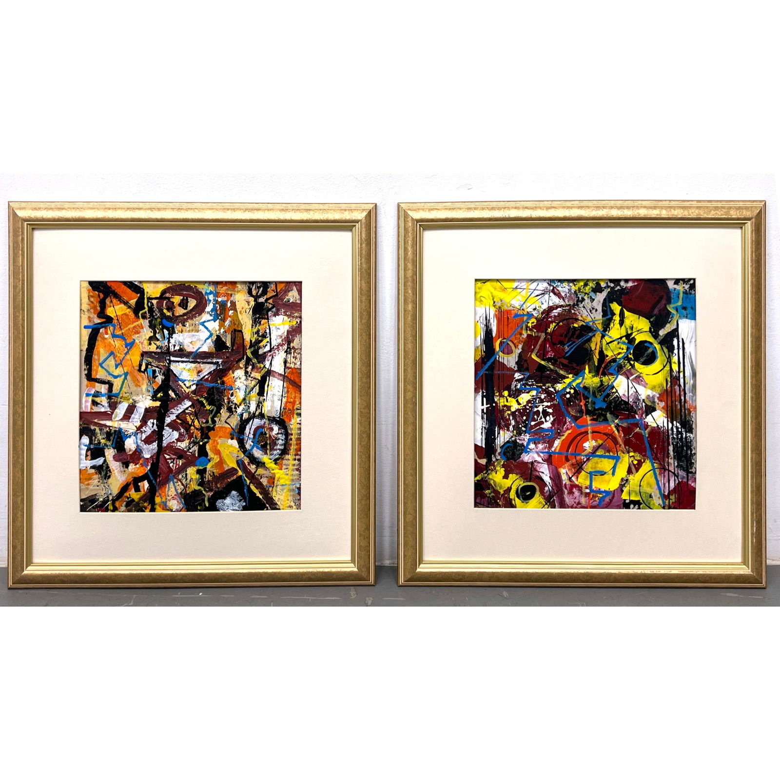 2pc DENNIS SAKELSON Abstract Paintings. Nicely complimentary pair of modernist paintings. Signed (1 of 8)