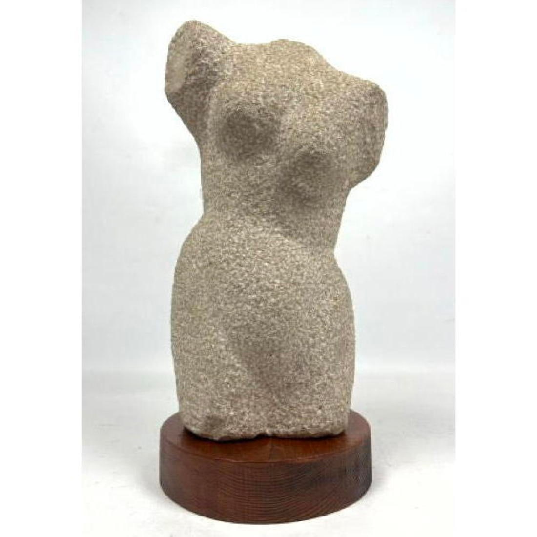 Signed Carved Granite Female Torso Sculpture on Wood Plinth Base (1 of 11)