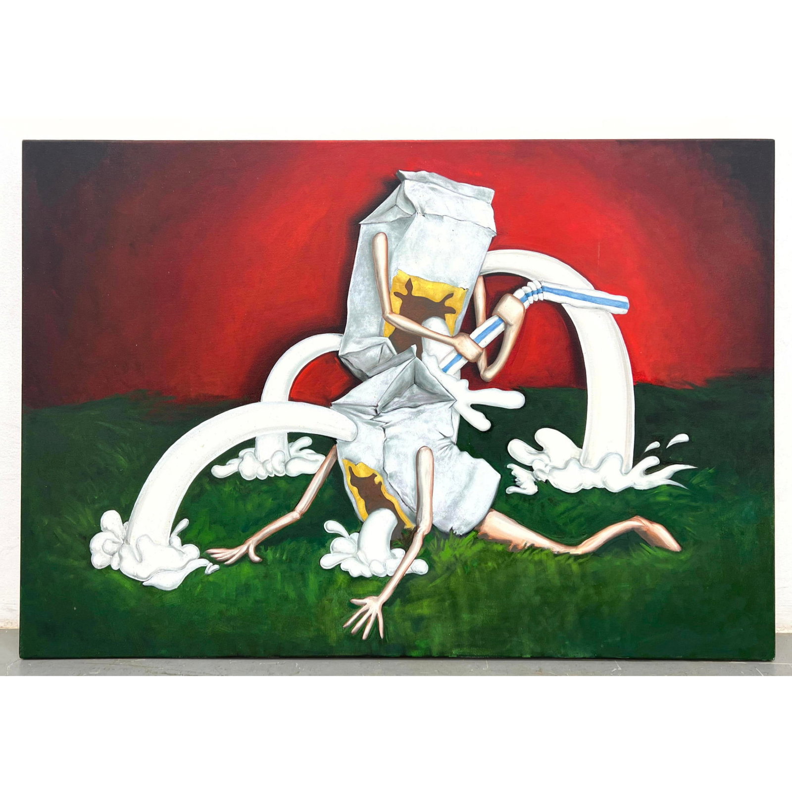 LUCIA LOVE 2017 Surreal Painting. Anthropomorphic Leaking Milk Cartons and Straw. Signed.: LUCIA LOVE 2017 Surreal Painting. Anthropomorphic Leaking Milk Cartons and Straw. Signed. Dimensions: Height: 30.5 inches, Width: 48 inches. --- - - We offer curbside delivery to NYC, Manhattan, Close