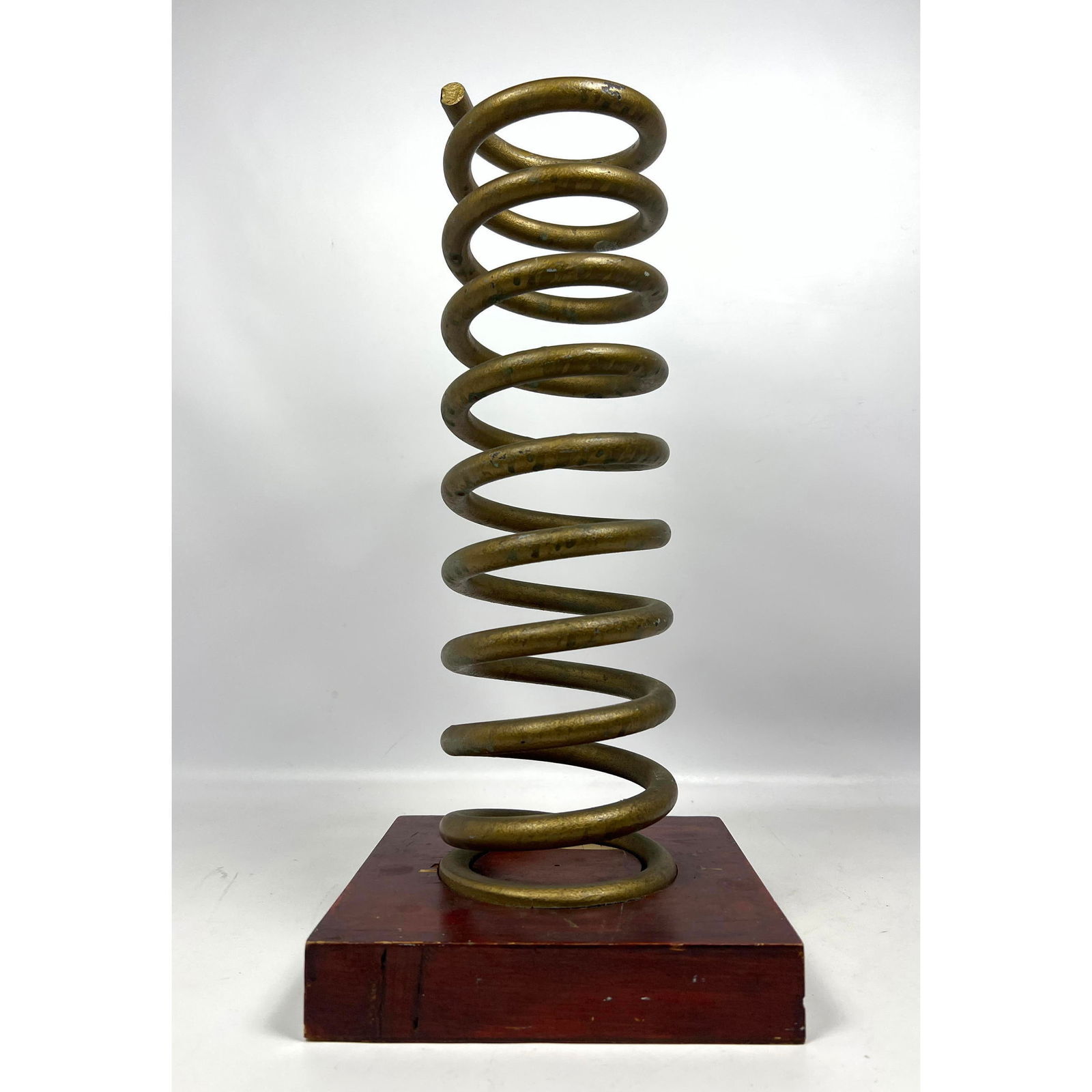 Industrial Steel Coil Spring Sculpture. Sits on Stained Wood Base. Possibly Umbrella stand. (1 of 10)