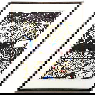 PIERRE ALECHINSKY Original Lithograph. "Bridge" Artist signed, #69/75. Arches Paper. Framed.: PIERRE ALECHINSKY Original Lithograph. "Bridge" Artist signed, #69/75. Arches Paper. Framed. Dimensions: Frame Height: 36.5 inches, Frame Width: 29 inches. - Image Size: Image Height: 28.5 inches, Ima