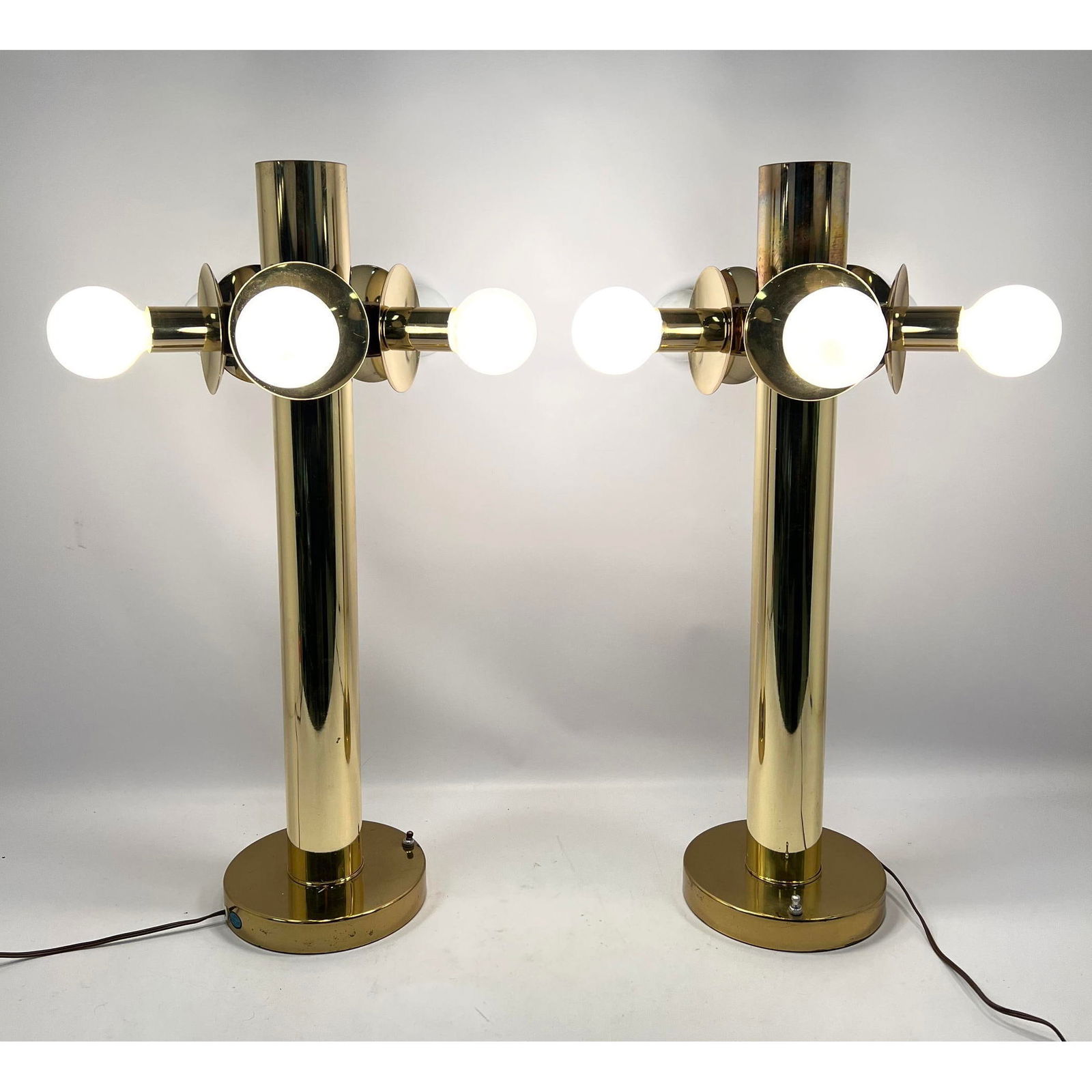 Pr Tall Brass Column Lamps Each has Five Protruding Brass Bulb Sockets. Modernist (1 of 13)