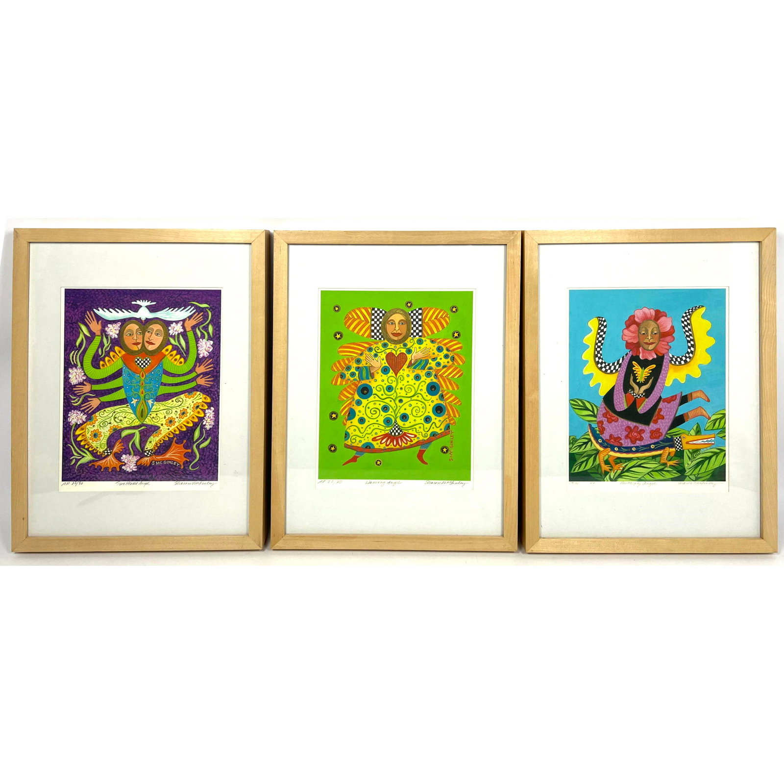 3pc SHARON McGINLEY Colorful Fauvist Prints. Playful Figural Angels with Creatures. All pencil signe (1 of 15)