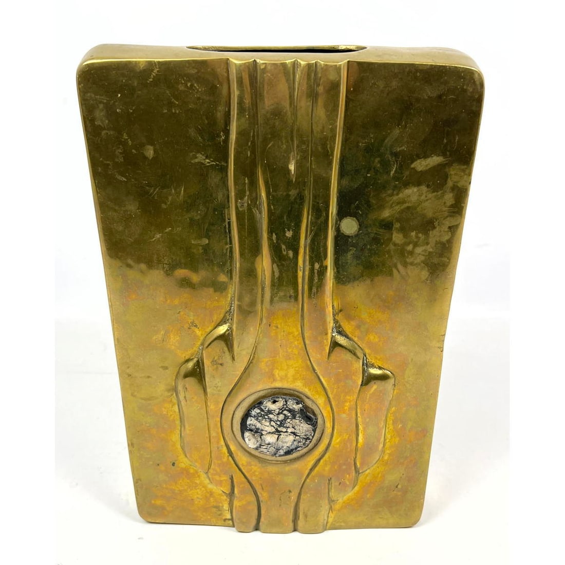 Mid Century Modern Brass Vase. Sculptural pillow form vase. Small inset stone. Not marked. (1 of 12)