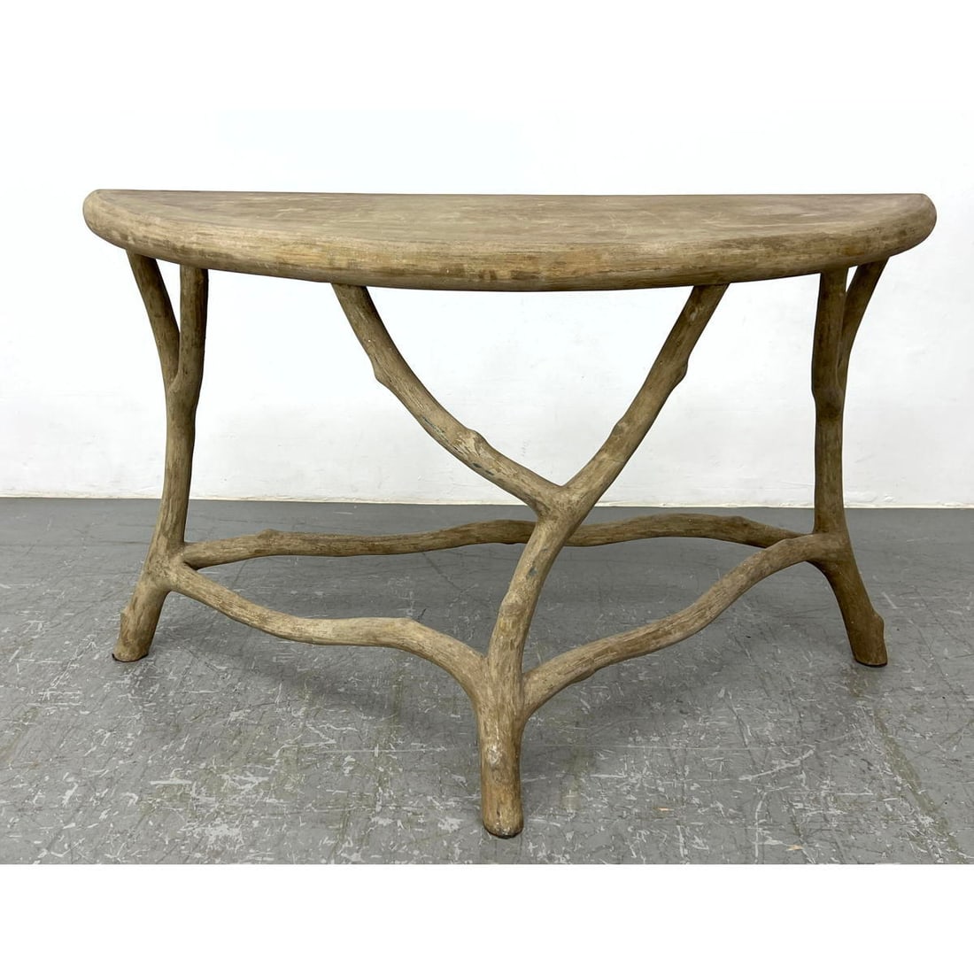 Faux Bois Concrete Demi Lune Table. Outdoor or Garden Theme. Half round top of faux branch legs and (1 of 9)