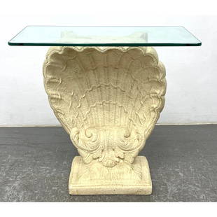 Grosfeld House style Plaster Shell form Hall Table. Console Table. Textured cream painted shell form: Grosfeld House style Plaster Shell form Hall Table. Console Table. Textured cream painted shell form base Dimensions: Height: 30 inches, Width: 30 inches, Depth: 16 inches. --- - - We offer curbside d