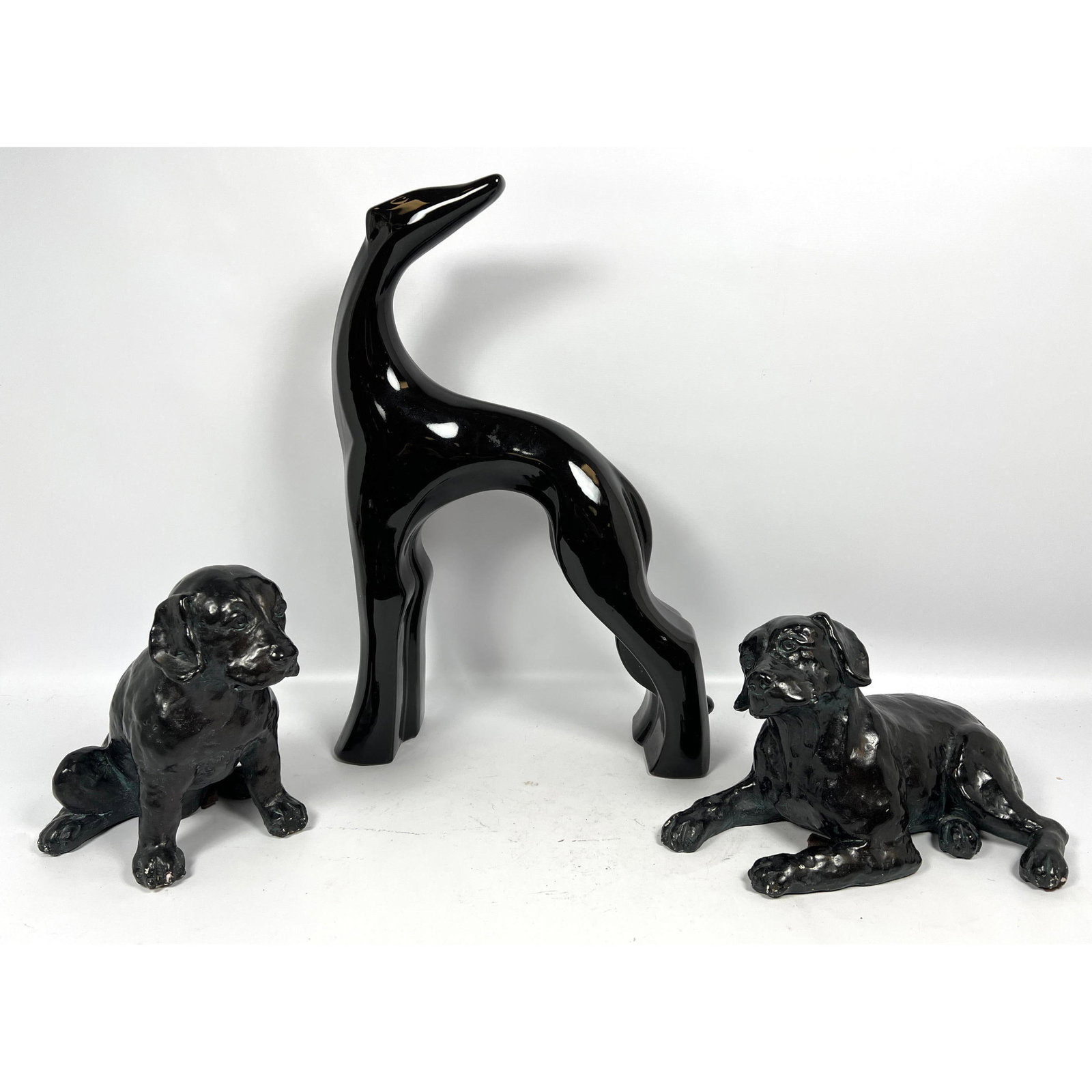 3pc Dog Sculptures.  Large Art Deco Style Hager Glazed Pottery Dog and Austin Products Painted Plast (1 of 15)