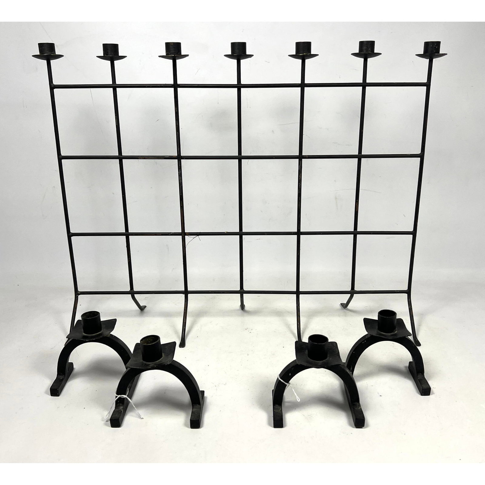 Mid Century Modern Candlestick Lot.  Tall Iron Seven Candle Tall Candleholder with Pair Iron Roger's (1 of 13)
