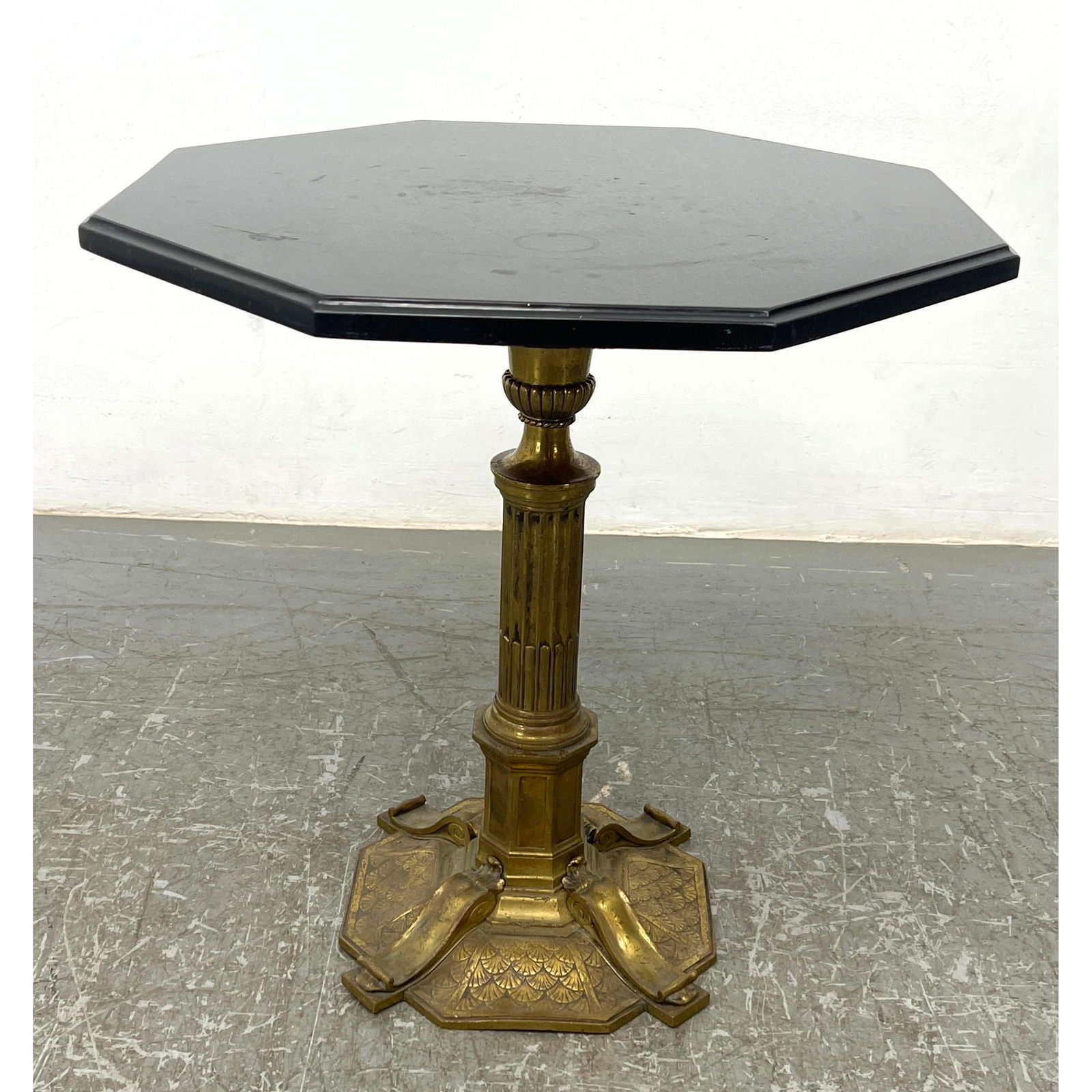 Octagonal Black Composite Side Table. Antique Brass Pedestal Base with fish scale design. (1 of 10)