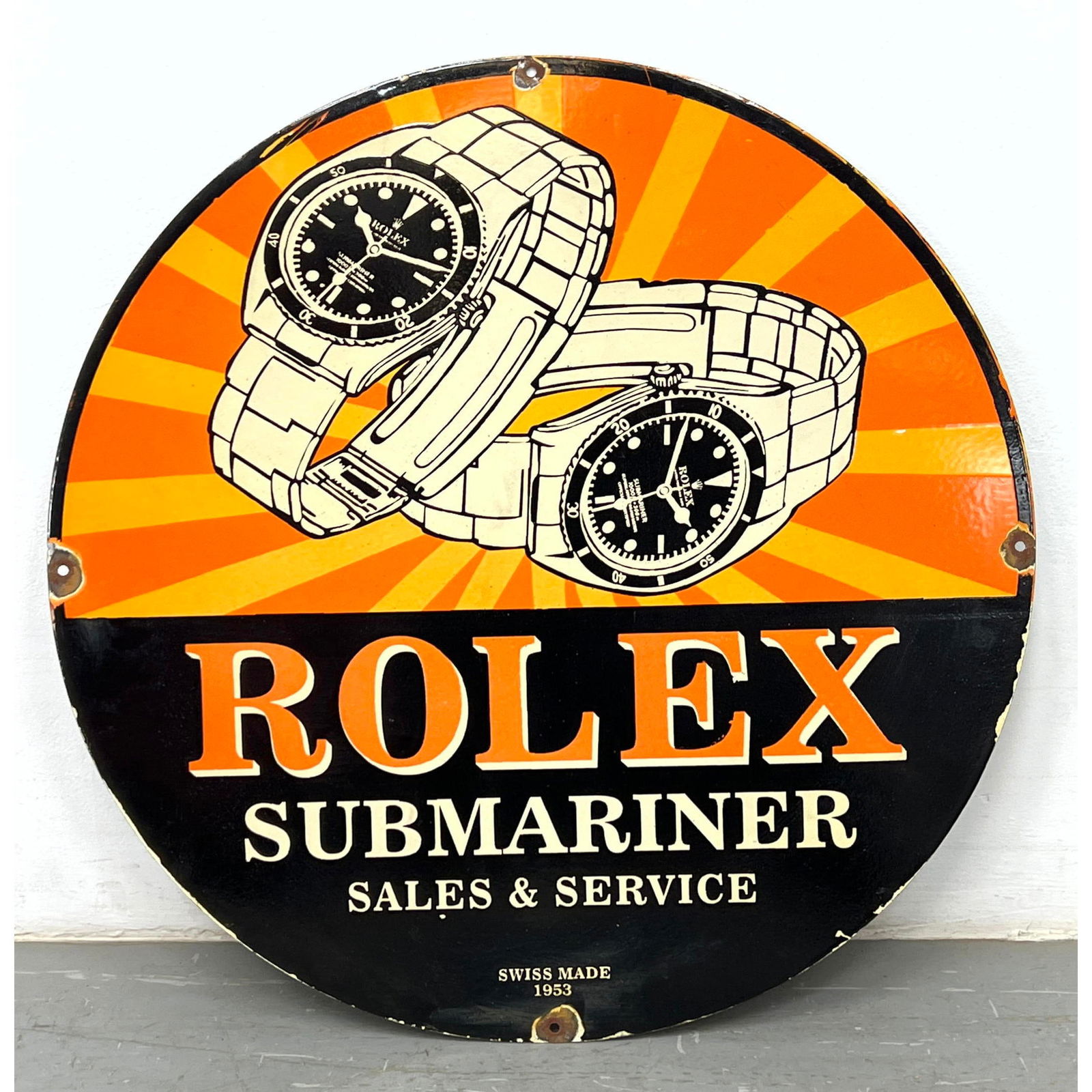 ROLEX Submariner Sales and Service Enamel Sign. Advertising Sign. Single Sided.: ROLEX Submariner Sales and Service Enamel Sign. Advertising Sign. Single Sided. Dimensions: Height: 30 inches, Width: 30 inches. --- - - We offer curbside delivery to NYC, Manhattan, Close Brooklyn, H