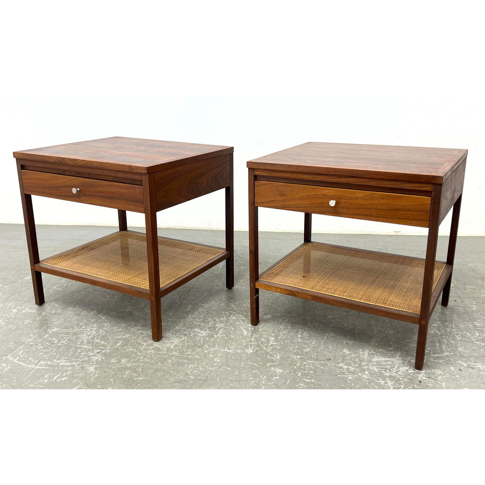 Pr LANE American Modern Rosewood Night Stands. Drawer above caned open shelf. Marked. (1 of 16)