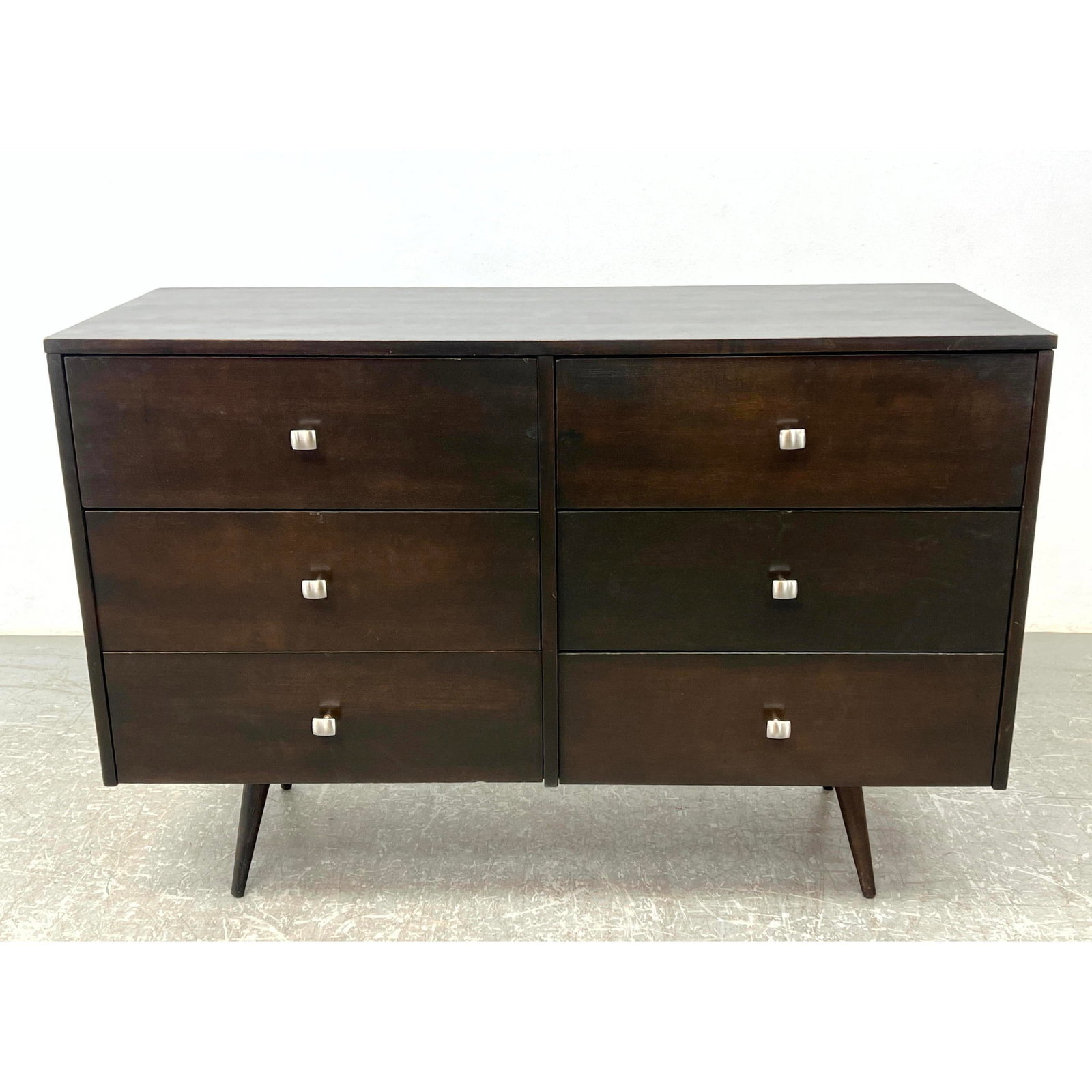 Paul McCobb Low Chest Dresser. Stained Modernist Bachelor's Chest Dresser. Square silver metal pulls (1 of 9)