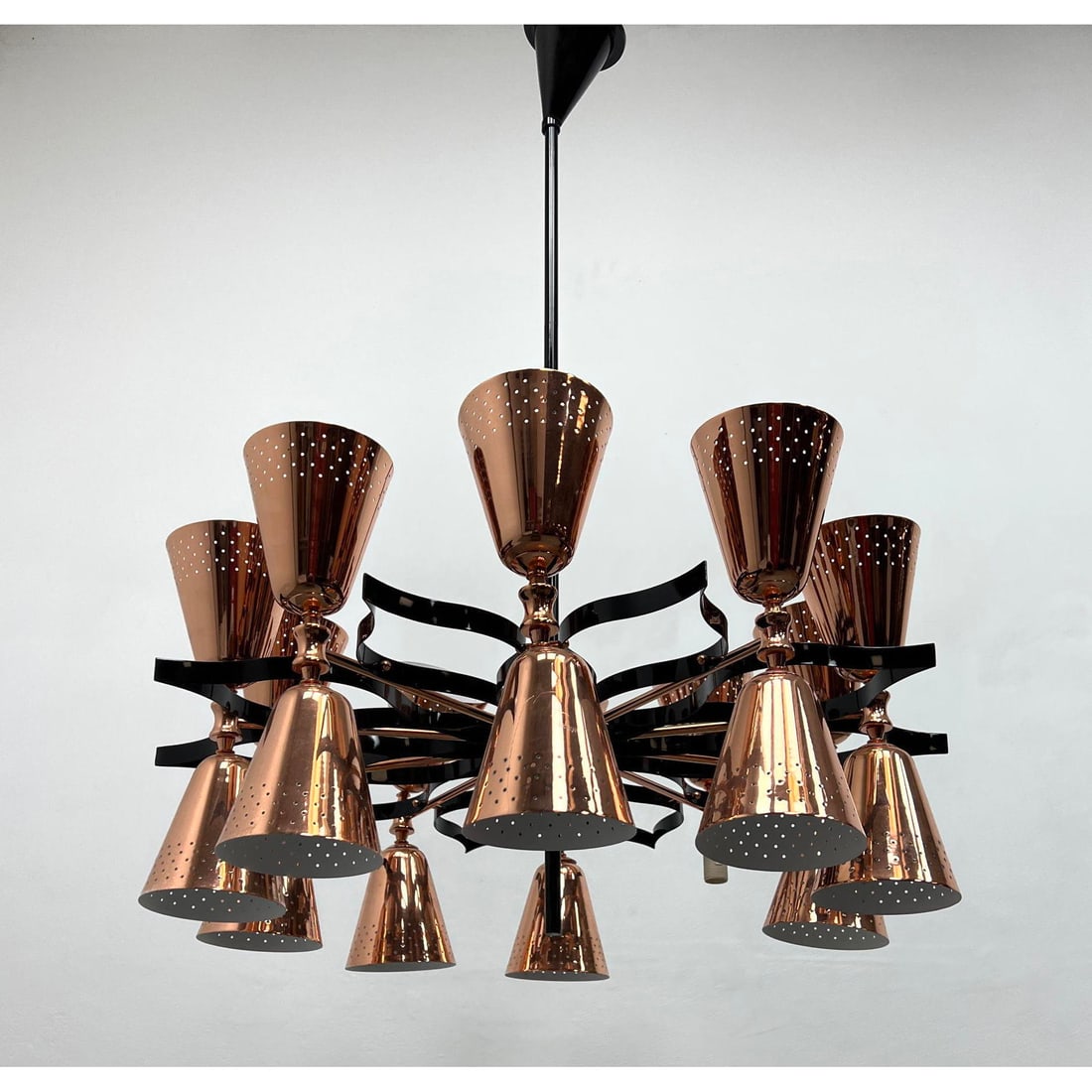 Contemporary Mid Century Modern Style Chandelier. Coppertone pierced metal shades. (1 of 13)