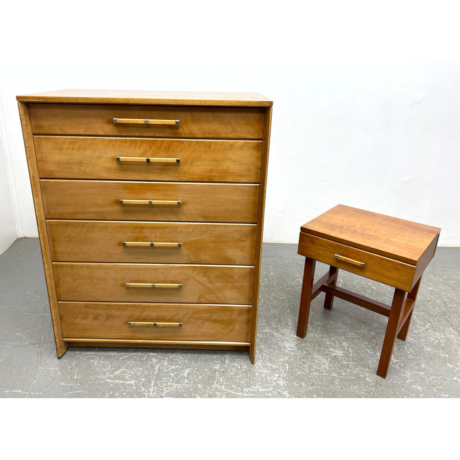 2pc JOHNSON Bedroom Furniture. Tall Dresser and Single Night Stand. Horizontal Wood and Metal Pulls. (1 of 18)