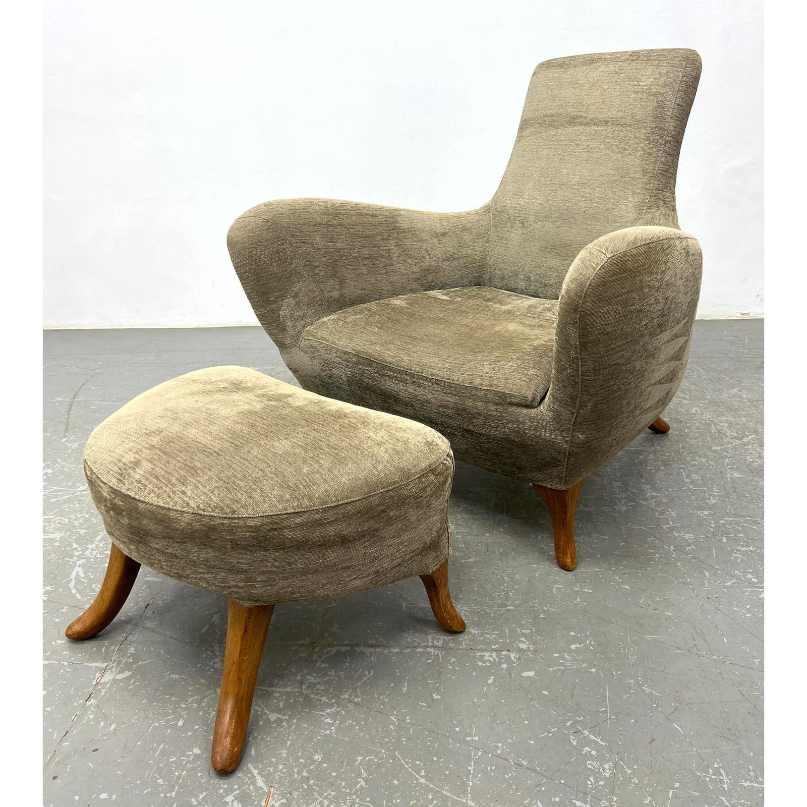 2pc Modernist Chenille Lounge Chair Ottoman. Kagan Style. Unique form Chair with Shaped Arms. Both w (1 of 12)