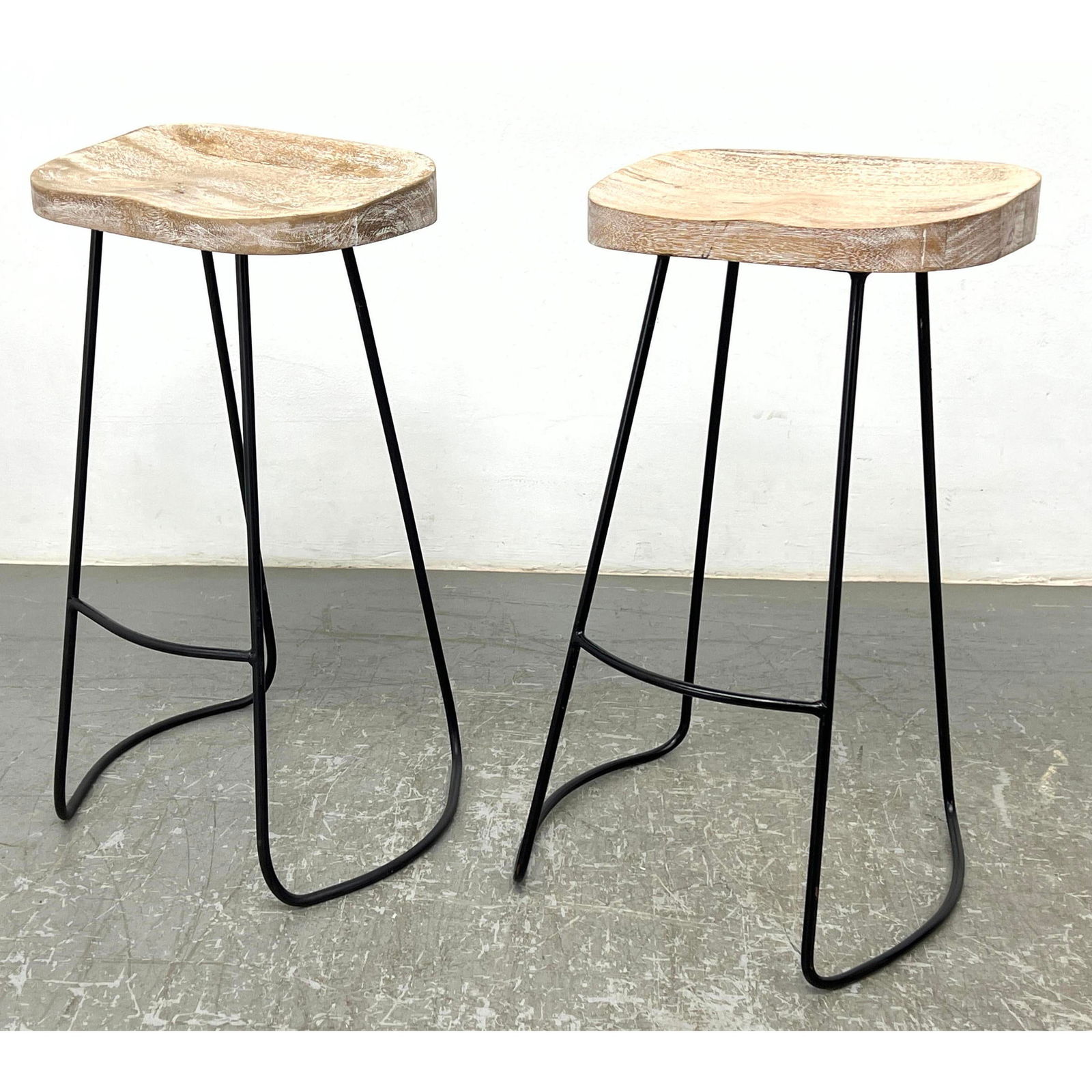 Pr Iron Base Wood Seat Bar Stools. Seats have limed wood finish. (1 of 10)