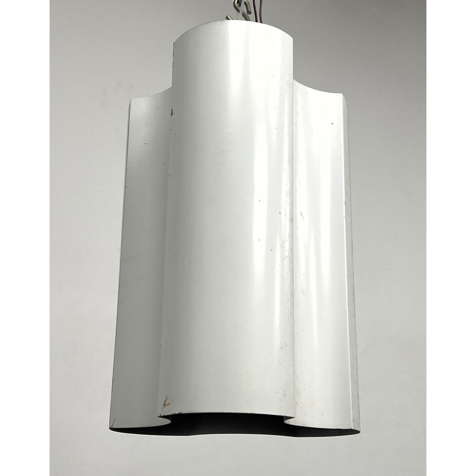 Modernist White Enamel Hanging Pendant Lamp. Three Lobed. (1 of 6)